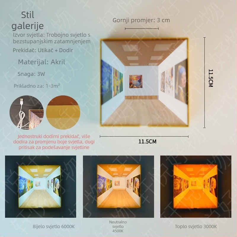 3D vizualna noćna svjetiljka za zid, geometrijska zidna svjetiljka, bez bušenja, akril