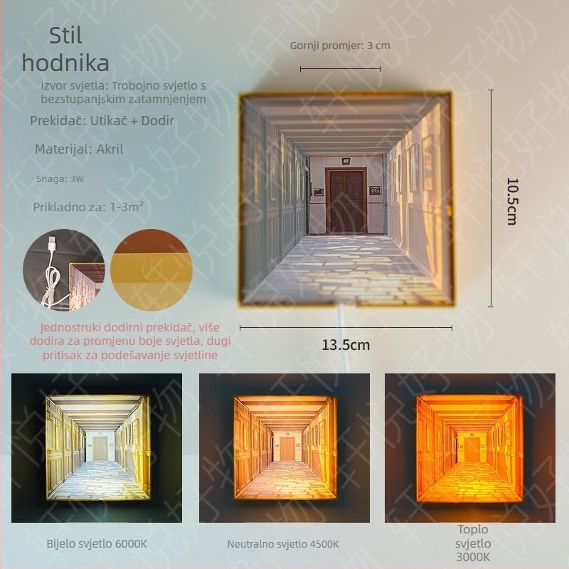3D vizualna noćna svjetiljka za zid, geometrijska zidna svjetiljka, bez bušenja, akril