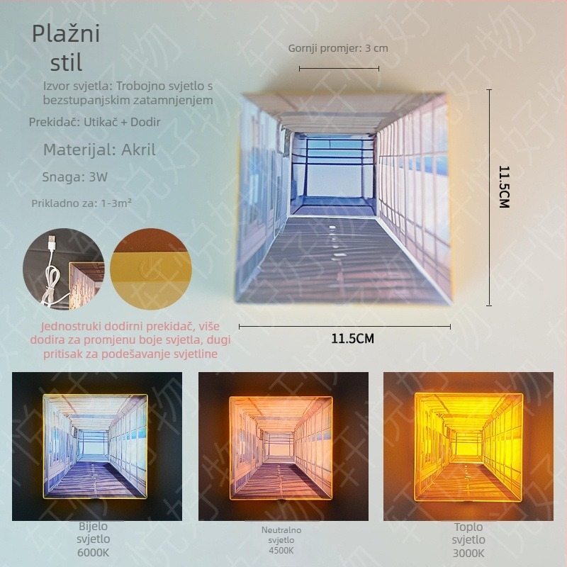 3D vizualna noćna svjetiljka za zid, geometrijska zidna svjetiljka, bez bušenja, akril