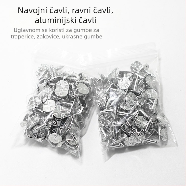 Set metalnih spojnih elemenata za odjeću: navojni ekseri, ravni ekseri, aluminijski ekseri, riveti za traperice, gumbi i dekorativni riveti