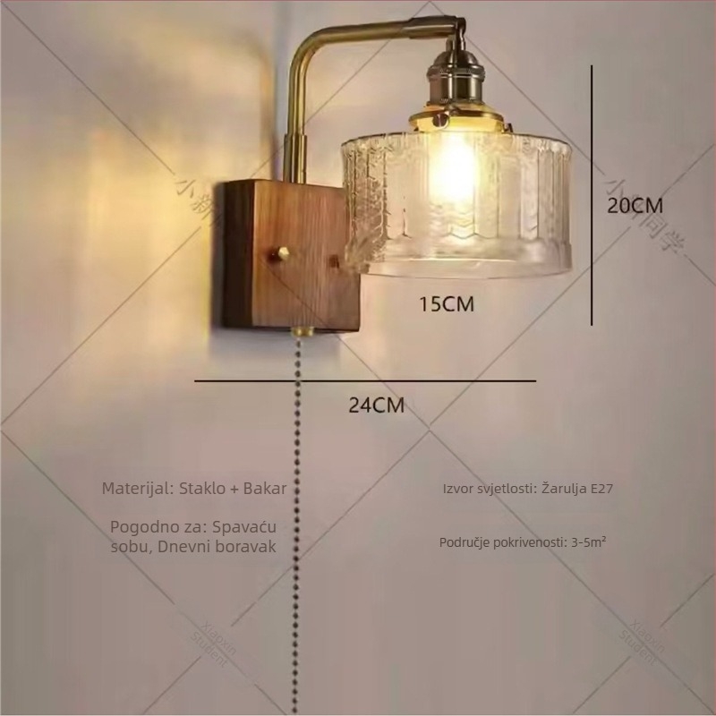 Američka retro zidna lampa sa staklenim abažurom i bakrenim tijelom, LED 220V, pogodna za dnevni boravak, spavaću sobu, radni prostor ili hodnik - japanski orah završna obrada