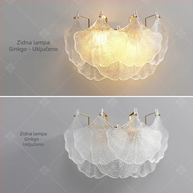 Zidna lampa za spavaću sobu sa staklenim listom ginka, noćna svjetiljka za dnevni boravak i glavnu spavaću sobu, LED podesiva, moderni minimalistički stil
