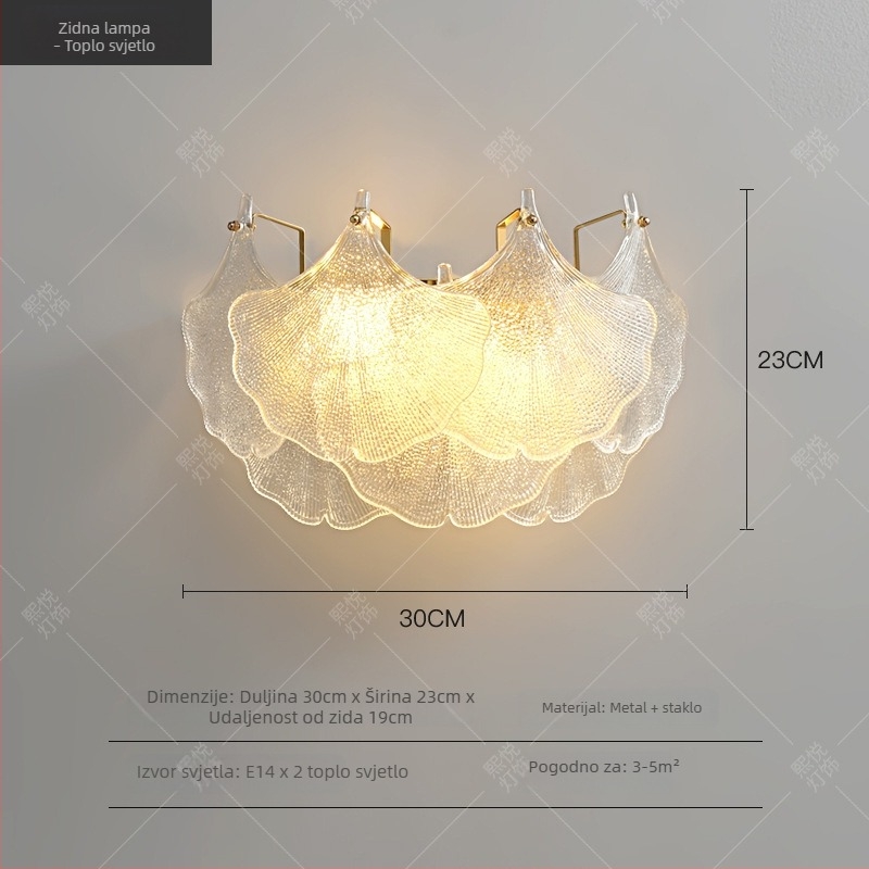 Zidna lampa za spavaću sobu sa staklenim listom ginka, noćna svjetiljka za dnevni boravak i glavnu spavaću sobu, LED podesiva, moderni minimalistički stil