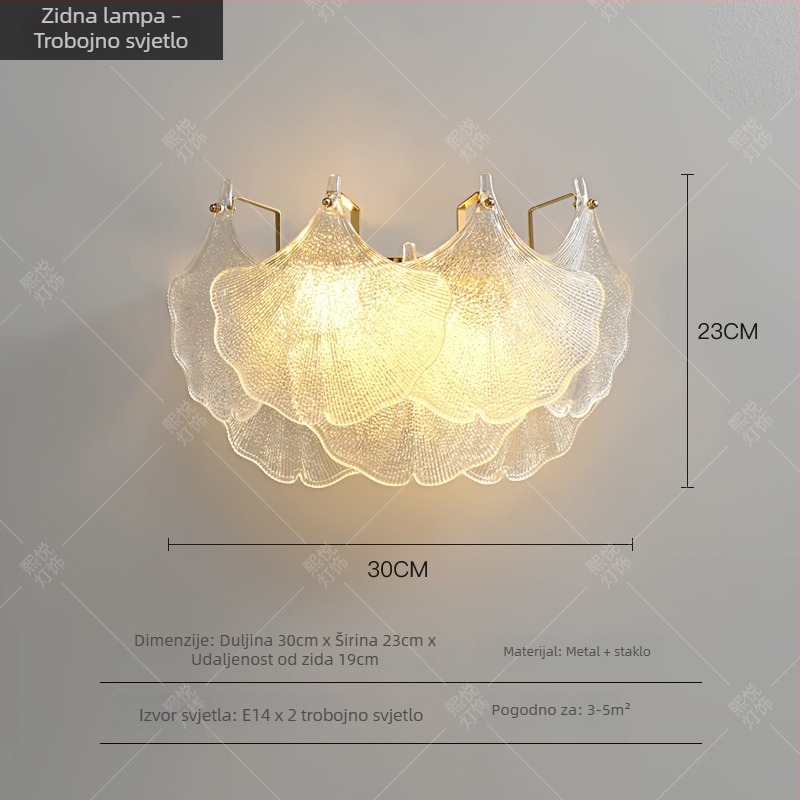 Zidna lampa za spavaću sobu sa staklenim listom ginka, noćna svjetiljka za dnevni boravak i glavnu spavaću sobu, LED podesiva, moderni minimalistički stil