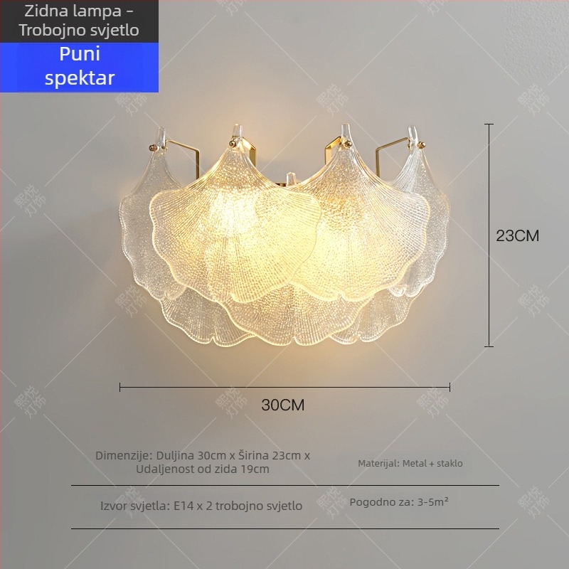Zidna lampa za spavaću sobu sa staklenim listom ginka, noćna svjetiljka za dnevni boravak i glavnu spavaću sobu, LED podesiva, moderni minimalistički stil