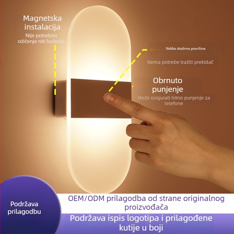 Zidna lampa s senzorom tijela, bežično punjenje, dodirna regulacija osvjetljenja, magnetsko noćno svjetlo uz krevet