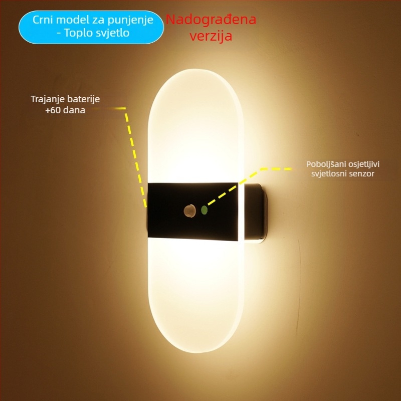 Zidna lampa s senzorom tijela, bežično punjenje, dodirna regulacija osvjetljenja, magnetsko noćno svjetlo uz krevet