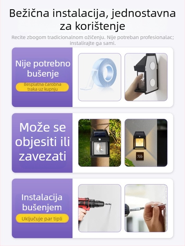 Vanjska vodootporna zidna lampa na solarnu energiju za dvorište, vrt i ulaz vile, sa senzorom pokreta