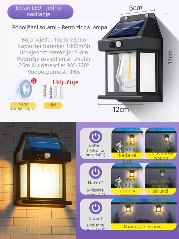 Vanjska vodootporna zidna lampa na solarnu energiju za dvorište, vrt i ulaz vile, sa senzorom pokreta