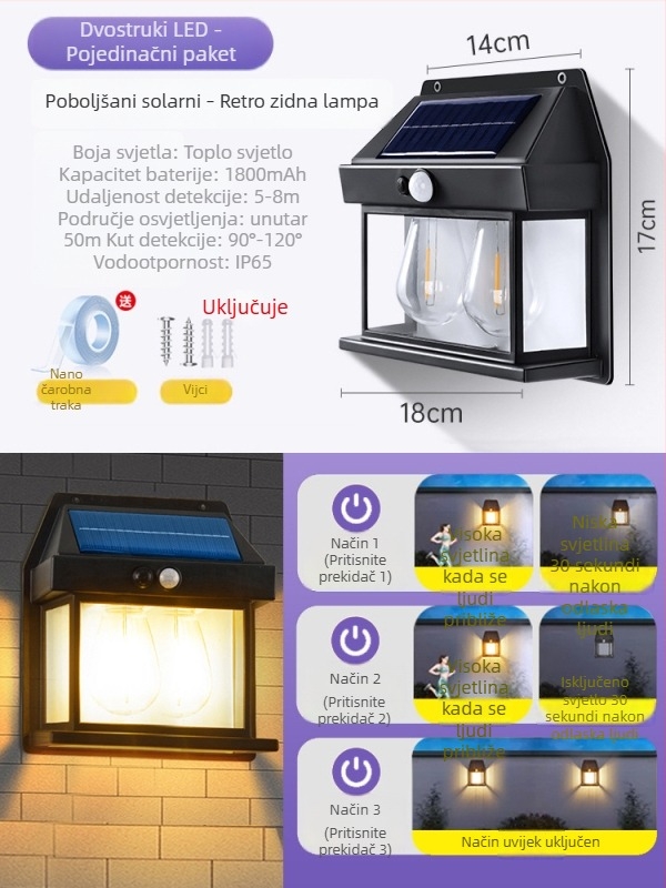 Vanjska vodootporna zidna lampa na solarnu energiju za dvorište, vrt i ulaz vile, sa senzorom pokreta
