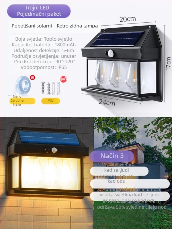 Vanjska vodootporna zidna lampa na solarnu energiju za dvorište, vrt i ulaz vile, sa senzorom pokreta