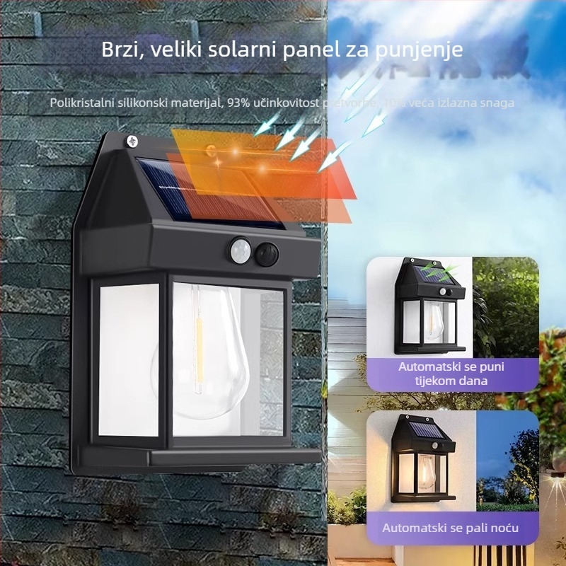 Vanjska vodootporna zidna lampa na solarnu energiju za dvorište, vrt i ulaz vile, sa senzorom pokreta