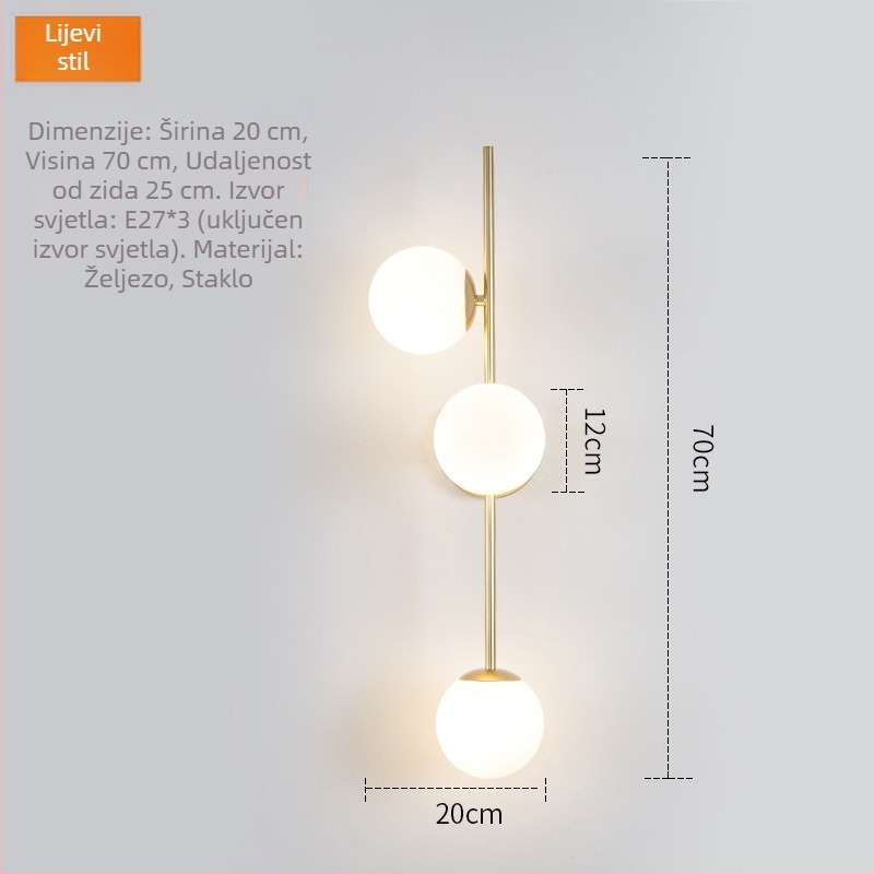 Skandinavska zidna lampa s dugim troglavim LED trakom, minimalistički modern dizajn za dnevni boravak ili spavaću sobu