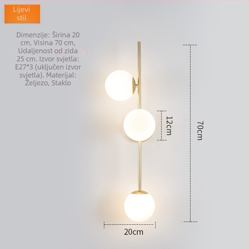Skandinavska zidna lampa s dugim troglavim LED trakom, minimalistički modern dizajn za dnevni boravak ili spavaću sobu