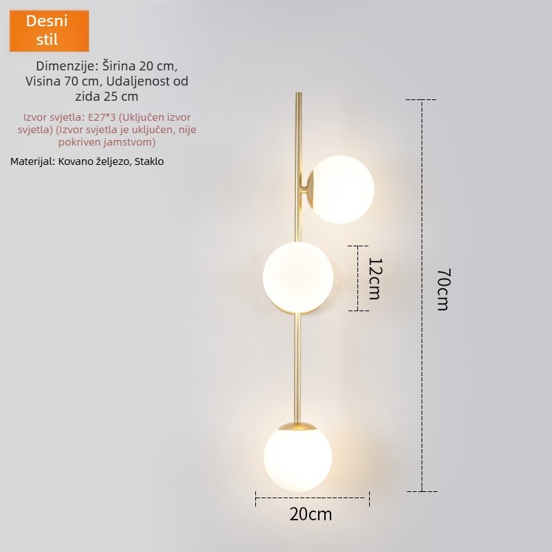 Skandinavska zidna lampa s dugim troglavim LED trakom, minimalistički modern dizajn za dnevni boravak ili spavaću sobu