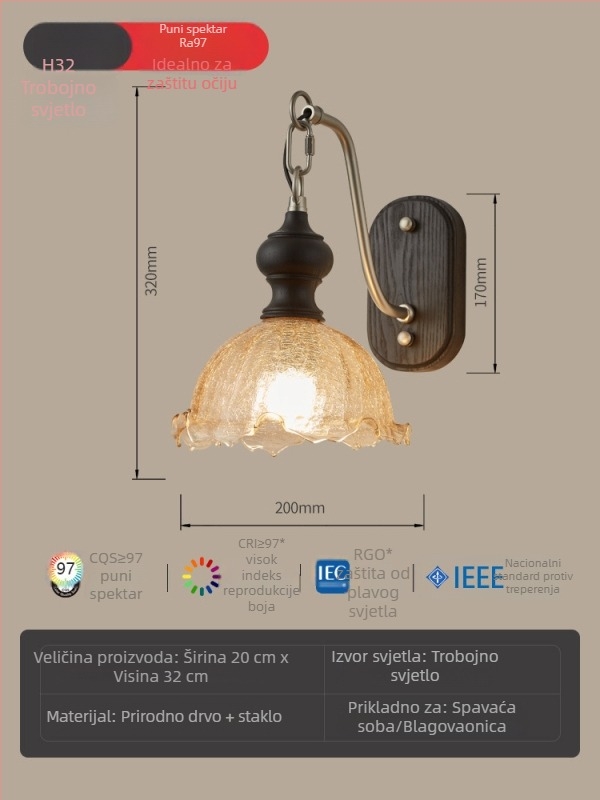 Francuska vintage zidna lampa sa staklom u uzorku ledenih pukotina, za spavaću sobu i dnevni boravak – ambijentalno osvjetljenje