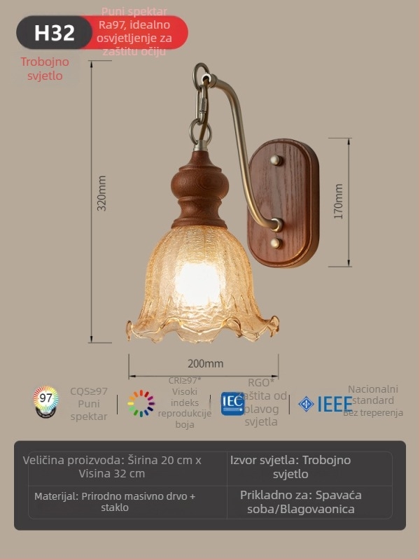 Francuska vintage zidna lampa sa staklom u uzorku ledenih pukotina, za spavaću sobu i dnevni boravak – ambijentalno osvjetljenje
