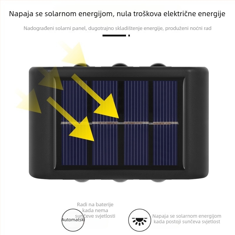 Solarna zidna svjetiljka s dvostrukom glavom, vodootporna, za balkon, vanjsko osvjetljenje koje svijetli prema gore i dolje.