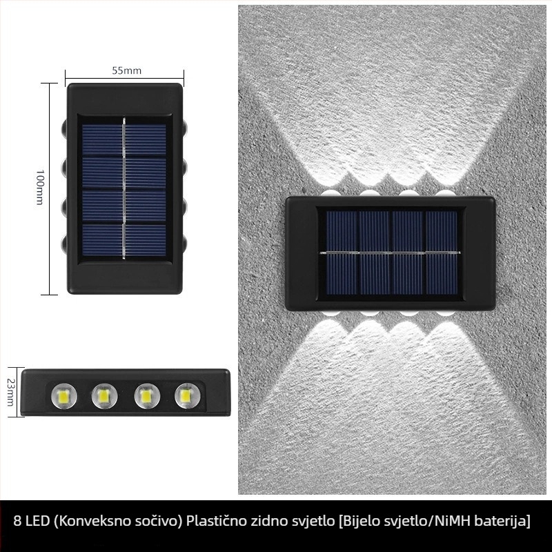 Solarna zidna svjetiljka s dvostrukom glavom, vodootporna, za balkon, vanjsko osvjetljenje koje svijetli prema gore i dolje.
