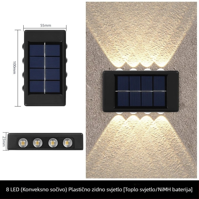 Solarna zidna svjetiljka s dvostrukom glavom, vodootporna, za balkon, vanjsko osvjetljenje koje svijetli prema gore i dolje.