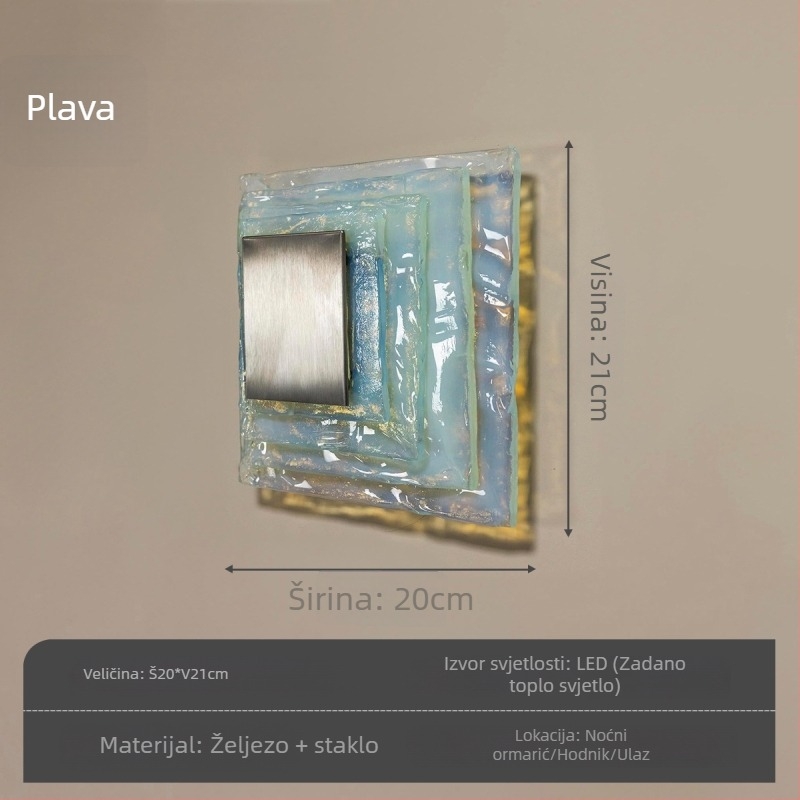 Vintage talijanska Murano staklena zidna lampa, plava kvadratna, ambijentalno osvjetljenje dnevnog boravka i spavaće sobe