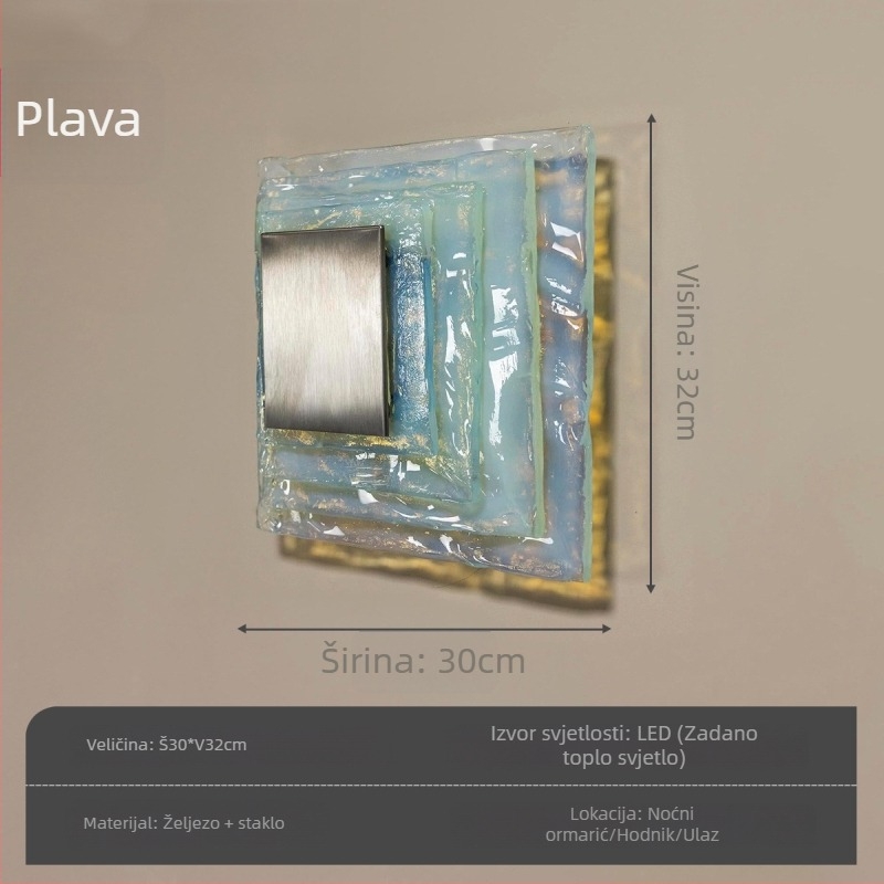 Vintage talijanska Murano staklena zidna lampa, plava kvadratna, ambijentalno osvjetljenje dnevnog boravka i spavaće sobe