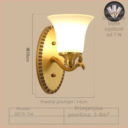 Stenska lampa od čistog bakra za dnevni boravak, hodnik i zid s TV-om, europski minimalistički stil, staklena sjenila, E27, 220V