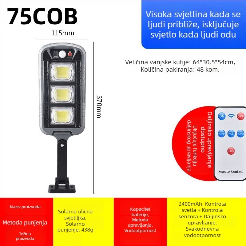 Supersvijetlo vanjsko vodootporno COB zidno LED svjetlo na solarnu energiju, za vrt i dvorište, s daljinskim upravljanjem i senzorom pokreta, LED rasvjeta