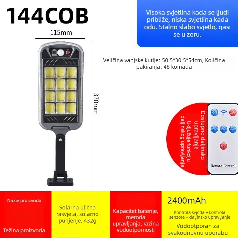 Supersvijetlo vanjsko vodootporno COB zidno LED svjetlo na solarnu energiju, za vrt i dvorište, s daljinskim upravljanjem i senzorom pokreta, LED rasvjeta