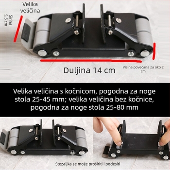 Fiksna i pokretna baza s kotačićima za premještanje teških predmeta: namještaj, krevete, stolice, tabure i mahjong stolovi