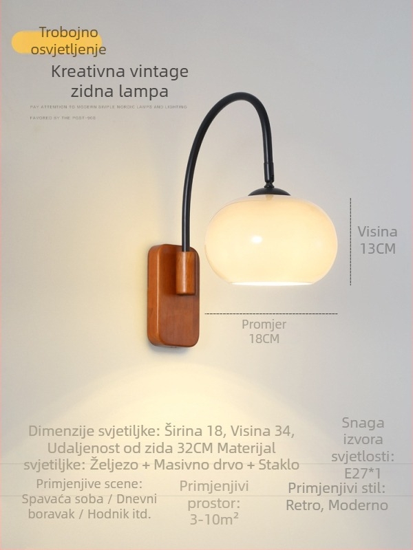 Nova kreativna zidna svjetiljka za spavaću sobu s staklenim sjenilom, vintage francusko-nordijski stil