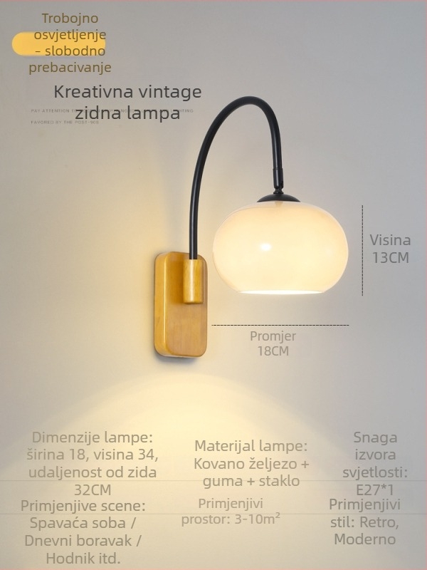 Nova kreativna zidna svjetiljka za spavaću sobu s staklenim sjenilom, vintage francusko-nordijski stil