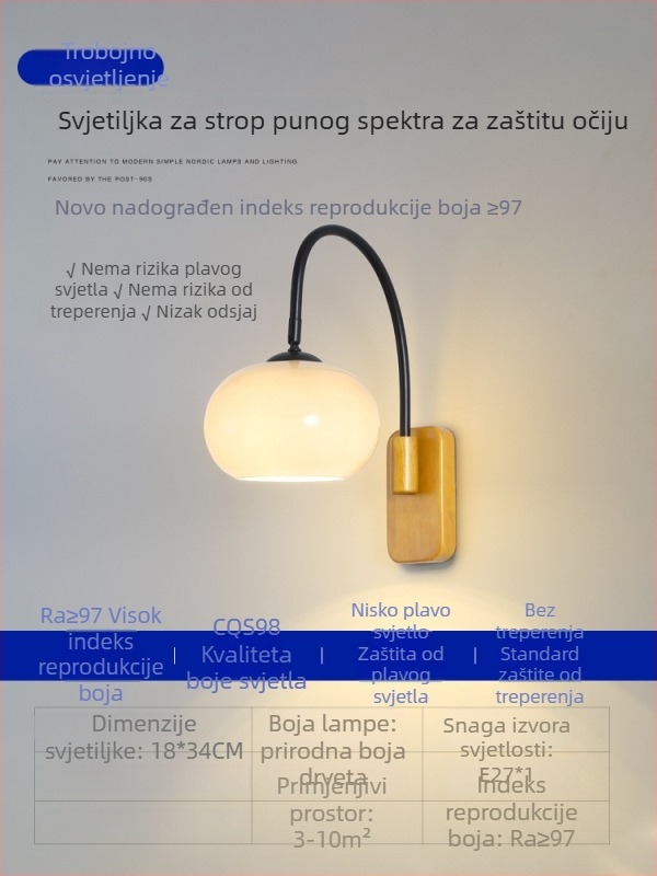 Nova kreativna zidna svjetiljka za spavaću sobu s staklenim sjenilom, vintage francusko-nordijski stil