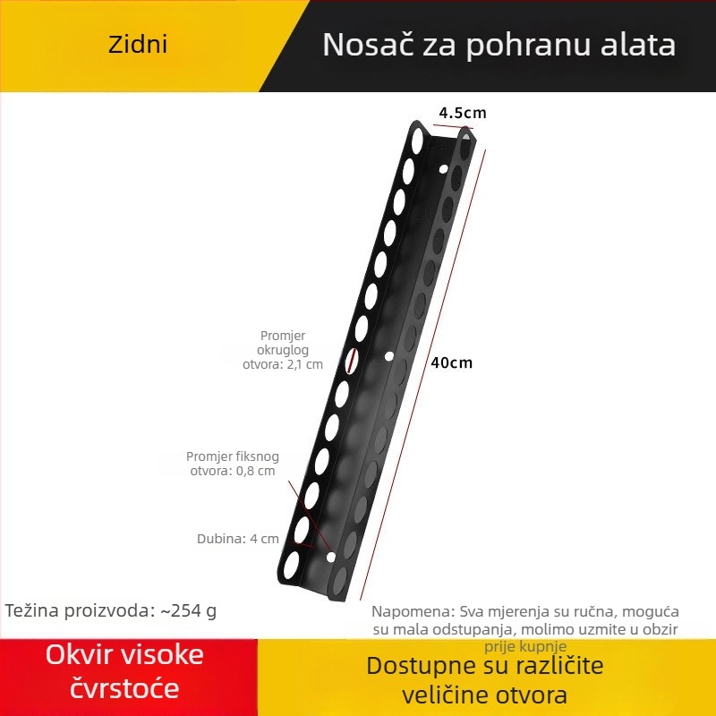 Stalak za alat od legure za zidnu montažu — panel za pohranu alata s standardnim otvorima, robusna nosivost, ušteda prostora