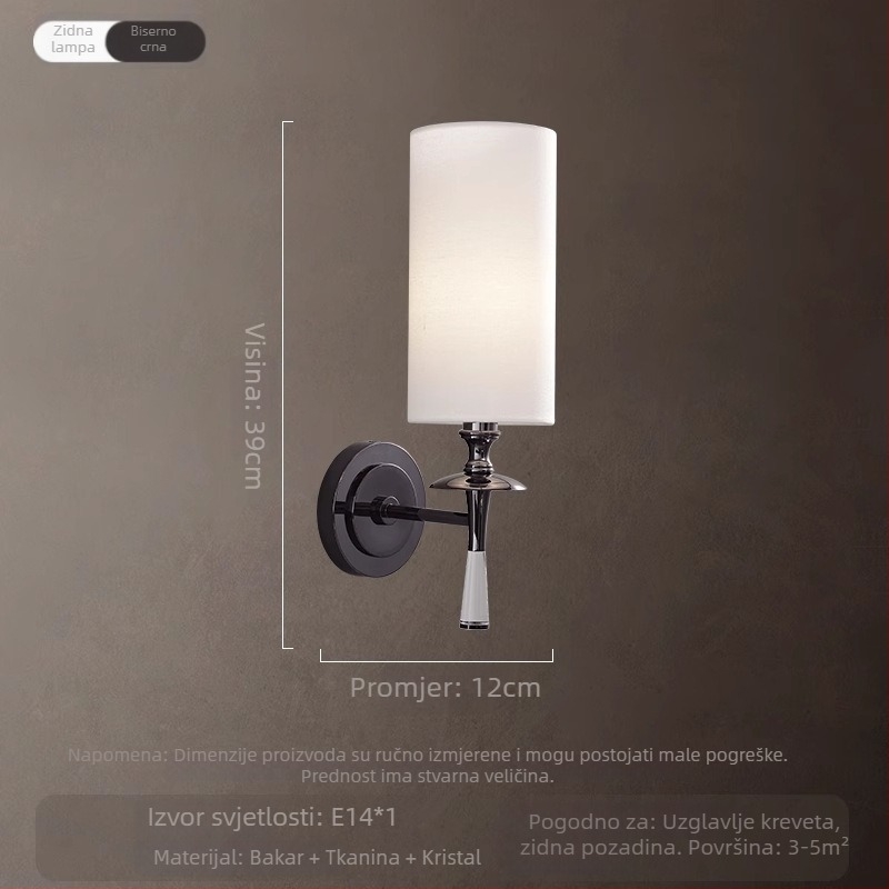 Stenska lampa od čiste bakra s platnenim sjenilom, američkog stila, kristalno svjetlo za dnevni boravak i spavaću sobu