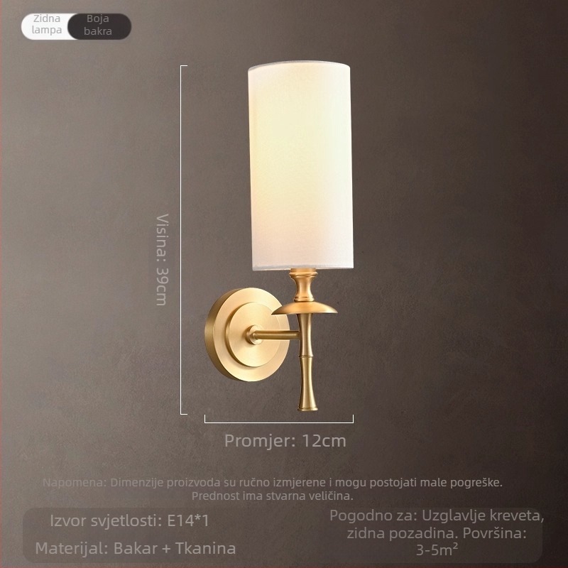 Stenska lampa od čiste bakra s platnenim sjenilom, američkog stila, kristalno svjetlo za dnevni boravak i spavaću sobu