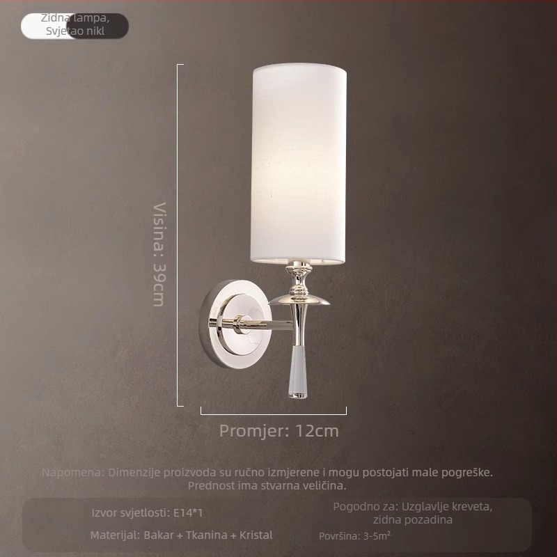 Stenska lampa od čiste bakra s platnenim sjenilom, američkog stila, kristalno svjetlo za dnevni boravak i spavaću sobu
