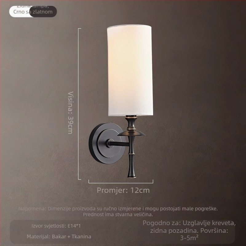 Stenska lampa od čiste bakra s platnenim sjenilom, američkog stila, kristalno svjetlo za dnevni boravak i spavaću sobu