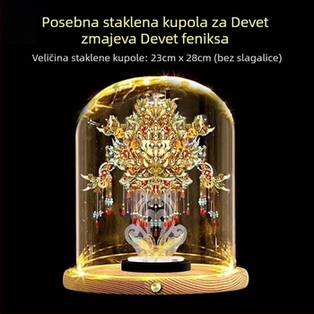 LED osvijetljena staklena baza za prikaz s motivom kraljevske korone s devet zmajeva i devet feniksa, proziran poklopac