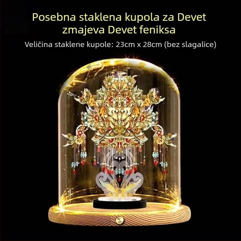 LED osvijetljena staklena baza za prikaz s motivom kraljevske korone s devet zmajeva i devet feniksa, proziran poklopac