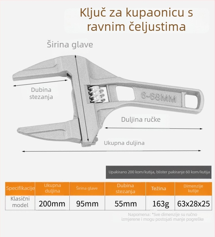 Prilagodljivi vodovodni ključ od aluminijevog legura, veliki otvor, kratka drška, pokretna čeljust, odvojivi