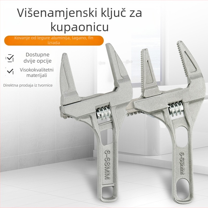 Prilagodljivi vodovodni ključ od aluminijevog legura, veliki otvor, kratka drška, pokretna čeljust, odvojivi
