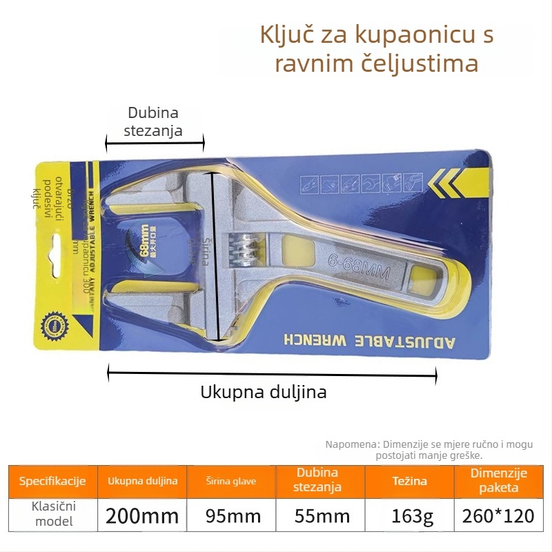 Prilagodljivi vodovodni ključ od aluminijevog legura, veliki otvor, kratka drška, pokretna čeljust, odvojivi