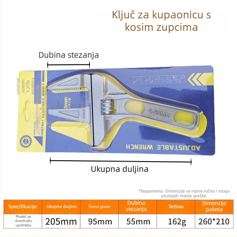Prilagodljivi vodovodni ključ od aluminijevog legura, veliki otvor, kratka drška, pokretna čeljust, odvojivi