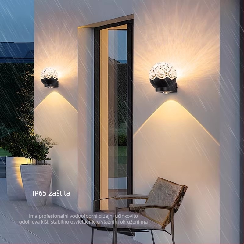 Vanjska zidna svjetiljka za dvorište, solarna, aluminijsko kućište, 18×18×18 cm, IP55, 2 LED čipa, 3000–4000K, 180° snop svjetla, zidna montaža