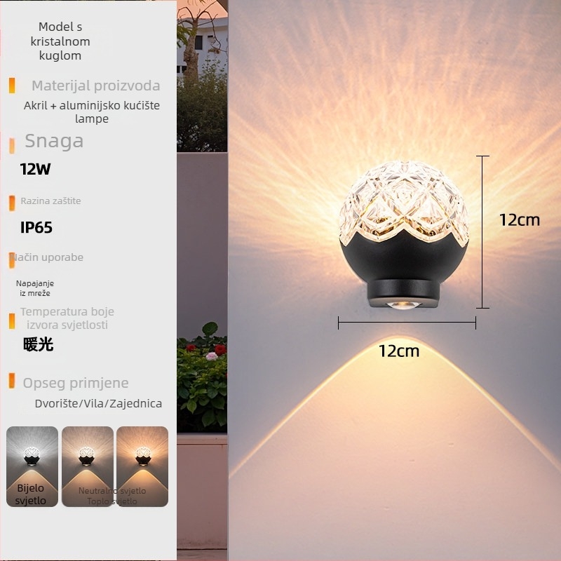 Vanjska zidna svjetiljka za dvorište, solarna, aluminijsko kućište, 18×18×18 cm, IP55, 2 LED čipa, 3000–4000K, 180° snop svjetla, zidna montaža