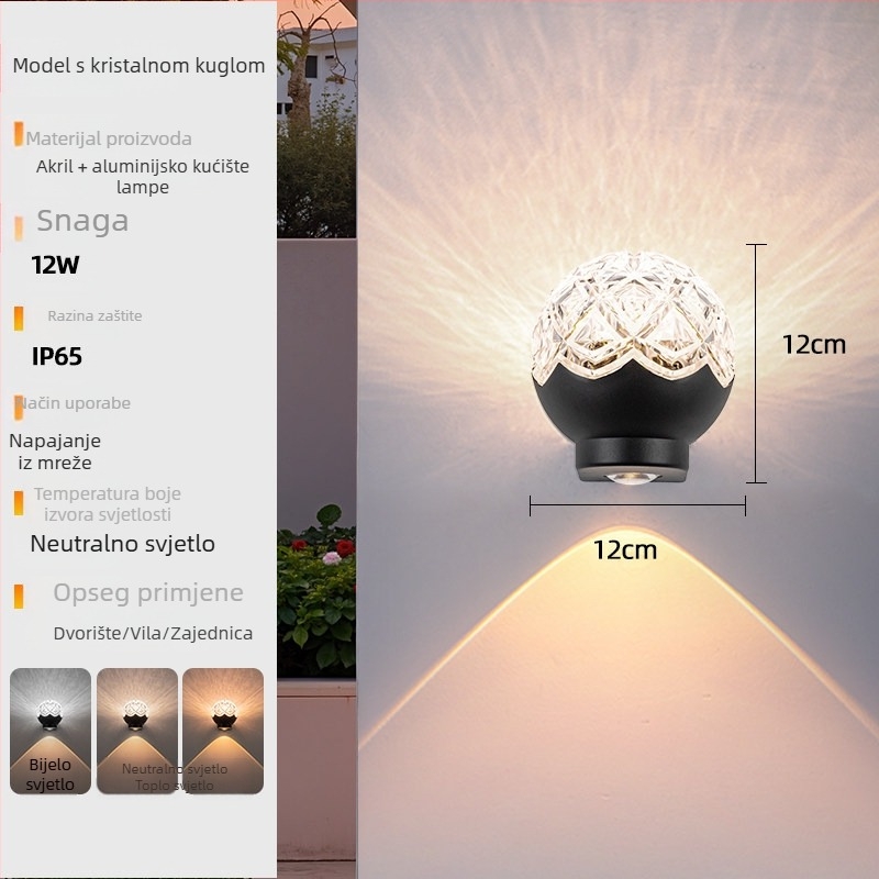 Vanjska zidna svjetiljka za dvorište, solarna, aluminijsko kućište, 18×18×18 cm, IP55, 2 LED čipa, 3000–4000K, 180° snop svjetla, zidna montaža