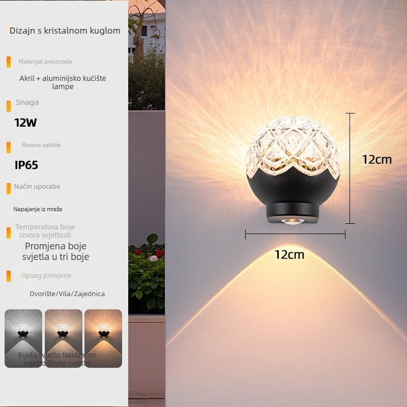 Vanjska zidna svjetiljka za dvorište, solarna, aluminijsko kućište, 18×18×18 cm, IP55, 2 LED čipa, 3000–4000K, 180° snop svjetla, zidna montaža
