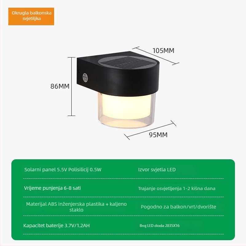 Vanjska solarna LED zidna svjetiljka, IP55, vodootporna, za hodnike, balkone i zidove vile