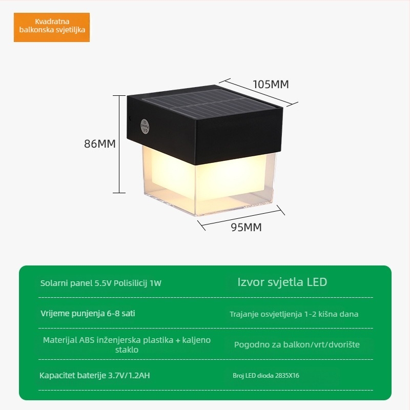 Vanjska solarna LED zidna svjetiljka, IP55, vodootporna, za hodnike, balkone i zidove vile